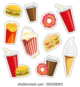 Set of colorful cartoon fast food icons on white background. Isolated vector illustration. Fashion patch, badges, stickers, pins, quirky. 80s-90s style. Trend. Vector illustration isolated. Eps 10.