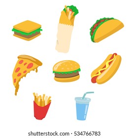Set of colorful cartoon fast food icons. Isolated vector.