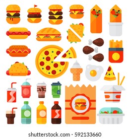 Set of colorful cartoon fast food icons isolated restaurant tasty american cheeseburger meat and unhealthy burger meal vector illustration.