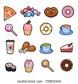 Set of colorful cartoon fast food icons. Isolated on white