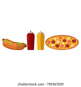 Set of colorful cartoon fast food icons isolated unhealthy lunch snack vector illustration. Cheeseburger meal drink dinner hotdog popcorn frenchfries.