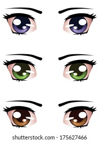 Set Of Colorful Cartoon Female Eyes On White Background.