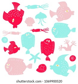 Set of colorful cartoon fishs. Vector illustration. 