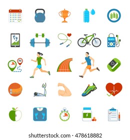 Set Of Colorful Cartoon Fitness, Jogging And Bodybuilding Elements And Icons For Your Design. Modern Flat Vector Illustration