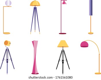 Set of colorful cartoon floor lamps light for home appliance indoor furniture. Vector flat collection of isolated interior design elements. 