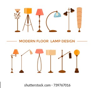 Set of colorful cartoon floor lamps light for home appliance indoor furniture. Vector flat collection of isolated interior design elements. Clipart for web, advertising, banners.