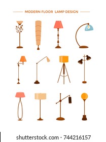 Set of colorful cartoon floor lamps light for home appliance indoor furniture. Vector flat collection of isolated interior design elements. Clipart for web, advertising, banners.