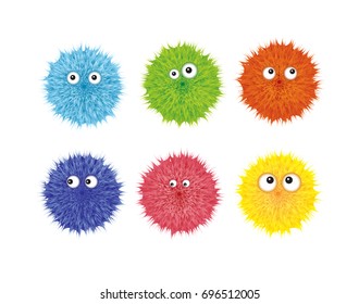 Set of colorful cartoon fluffy pompom. Fur shaggy balls with eyes. Vector fuzzy toy isolated on white background. Wool bacterium or microbe. Funny design.