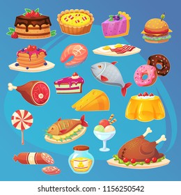 Set of colorful cartoon food game web inventory icons. Isolated vector