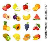 Set of colorful cartoon fruit icons: apple, pear, strawberry, orange, peach, plum, banana, watermelon, pineapple, papaya, grapes, cherry, kiwi, lemon, mango. Vector illustration, isolated on white.