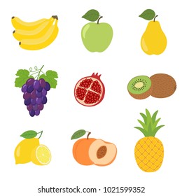 Set of colorful cartoon fruit icons apple, pear, peach, banana, grapes, kiwi, lemon, pomegranate, pineapple.