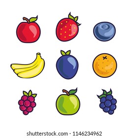 
Set of colorful cartoon fruit icons: apple,  strawberry, blueberry, banana, plum, orange, raspberry, blackberry. Vector illustration, isolated on white.