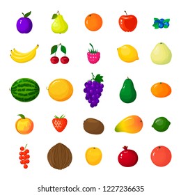 Set of colorful cartoon fruit icons. Vector illustration berries and fruits in cartoon style. Isolated icons. Apple, pear, strawberry, orange, peach, plum, banana, watermelon, pineapple grapes etc