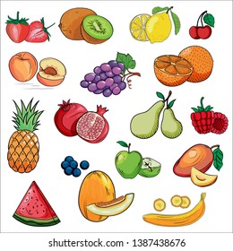 Set of colorful cartoon fruit icons: orange, peach, plum, banana, watermelon, pineapple, papaya, grapes, cherry, kiwi, ango, apple, pear, Hand drawn fresh food design elements