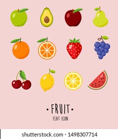 Set of colorful cartoon fruit icons: apple, avocado, pear, orange, strawberry, grape, cherry,  lemon, watermelon