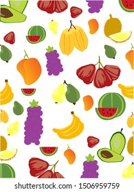 Set of colorful cartoon fruit icons: avocado, watermelon, mango, water apple, grapes, starfruit, guava, durian, banana, pear. Vector illustration, isolated on white.