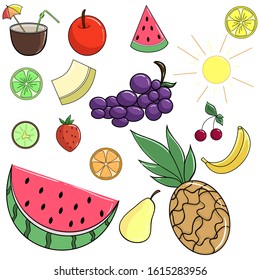 Set of colorful cartoon fruit icons. Vector illustration, isolated on white.