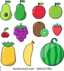 Set of colorful cartoon fruit icons:  strawberry, banana, watermelon, cherry, kiwi, apple, grape, pineapple avocado.Fruits Vector Set,cartoon design, simple, fresh and trendy vector illustration.