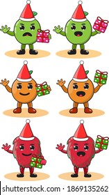 Set of colorful cartoon fruit icons half Orange,green apple,Dragon fruit with santa hat and gift.Good for kids colouring pages,logo,label,sticker, clipart.Cute and funny fruit set vector illustration.