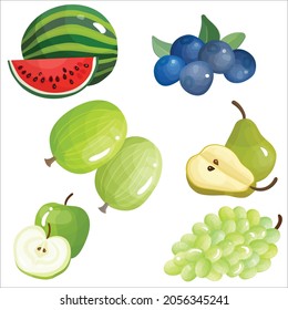Set of colorful cartoon fruit icons: apple, pear, strawberry, orange, peach, plum, banana, watermelon, pineapple, papaya, grapes, cherry, kiwi, lemon, mango. Vector illustration, isolated on white.