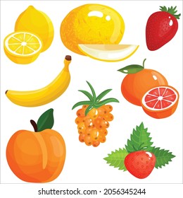 Set of colorful cartoon fruit icons: apple, pear, strawberry, orange, peach, plum, banana, watermelon, pineapple, papaya, grapes, cherry, kiwi, lemon, mango. Vector illustration, isolated on white.