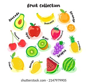 Set of colorful cartoon fruit icons. orange, kiwi, banana, apple, pineapple, cherry, strawberry, mango, watermalon, grapes, avocado and lemon.