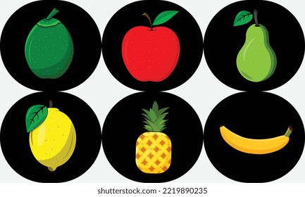 Set of colorful cartoon fruit icons: apple, banana, pineapple,   lemon, green coconut ,guava Vector illustration, isolated on