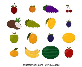 Set of colorful cartoon fruit icons: raspberry, coconut, mango, bilberry, tangerine, apple, orange, peach, plum, banana, watermelon, pineapple, grapes, cherry. Vector illustration, isolated on white. 