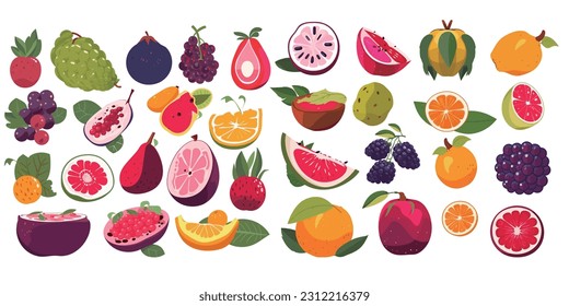Set of colorful cartoon fruit icons apple pear strawberry orange peach plum watermelon pineapple papaya grape cherry kiwi lemon