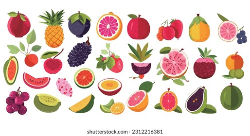 Set of colorful cartoon fruit icons apple pear strawberry orange peach plum watermelon pineapple papaya grape cherry kiwi lemon