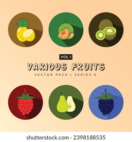 Set of colorful cartoon fruit icons like apple pear peach banana grapes kiwi lemon pineapple