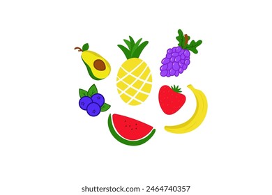 Set of colorful cartoon fruit icons:  strawberry, banana, watermelon, pineapple, grapes, cherry, blueberry,avocado