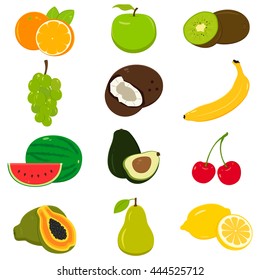Set of colorful cartoon fruit icons isolated on white. Vector illustration