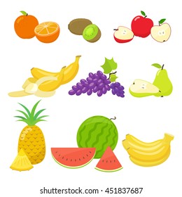 Set of colorful cartoon fruit icons isolated on white background. Vector stock illustration.