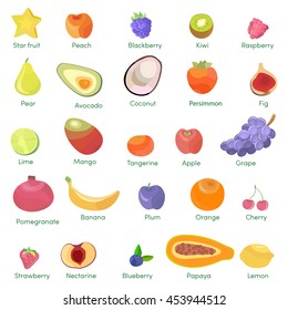 Set of colorful cartoon fruit icons: apple, pear, strawberry, orange, peach, plum, banana, watermelon, papaya, grapes, cherry, kiwi, lemon, mango, avocado, coconut. Vector illustration, isolated