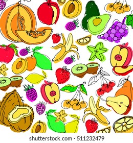 Set of colorful cartoon fruit icons: apple, pear, strawberry, orange, peach, plum, banana, watermelon, pineapple, grapes, cherry, kiwi, lemon, mango.