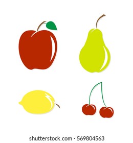 Set of colorful cartoon fruit icons: apple, pear, cherry, lemon