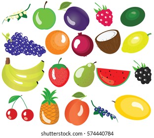 Set of colorful cartoon fruit icons: apple, pear, strawberry, orange, plum, banana, watermelon, pineapple, grapes, cherry, garnet, melon, 
coconut, bilberry, apricot, lemon. Vector isolated on white
