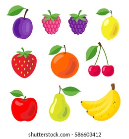 Set of colorful cartoon fruit icons: apple, pear, strawberry, orange, plum, banana, cherry, lemon, blackberry, raspberry. Vector illustration, isolated on white.