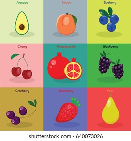 Set of colorful cartoon fruit icons: avocado, peach, blackberry, blueberry, cherry, pomegranate, cranberry, strawberry and pear. Vector illustration.