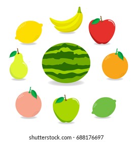 Set of colorful cartoon fruit icons: apple, pear, orange, banana, watermelon, lemon, lime. Vector illustration