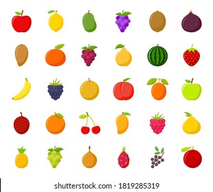 Conjunto de frutos de dibujos animados coloridos sobre fondo blanco, ilustración vectorial