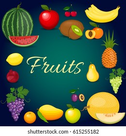 Set of colorful cartoon fruit. Organic farm illustration. Healthy lifestyle vector design elements. Healthy fruits and food banners. Fresh organic food, healthy eating.