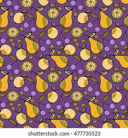 Set of colorful cartoon fruits : apple, pear, orange, cherry, lemon. Colorful Seamless Pattern.

