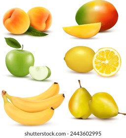 Set of colorful cartoon fruits : green apple, pear, orange, peach, plum, banana,  lemon, mango. Vector illustration, isolated on white.