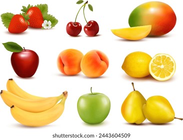 Set of colorful cartoon fruits : red apple, pear, strawberry, orange, peach, plum, green apple, banana, pineapple, papaya, grapes, cherry, lemon, mango. Vector illustration, isolated on white.