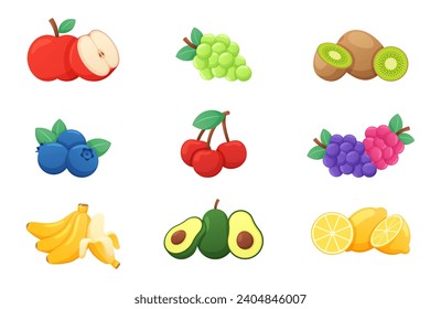 Set of Colorful Cartoon Fruits Vector Illustrations. Apple, Grapes, kiwi, Blueberry, Cherry, Banana, Avocado, Lemon. Whole and Slices