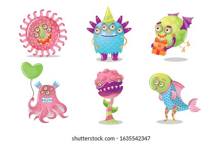 Set of colorful cartoon funny monsters. Vector illustration in flat cartoon style.