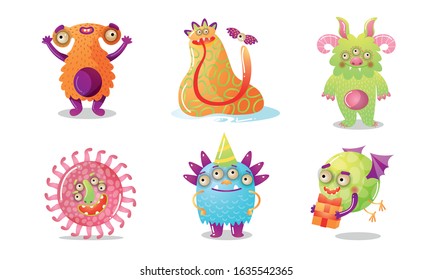 Set of colorful cartoon funny monsters. Vector illustration in flat cartoon style.