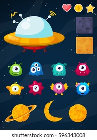Set of colorful cartoon game elements on space background. Space cartoon concept illustration with planets, aliens, spaceship and other elements. User interface for computer games and web design.  